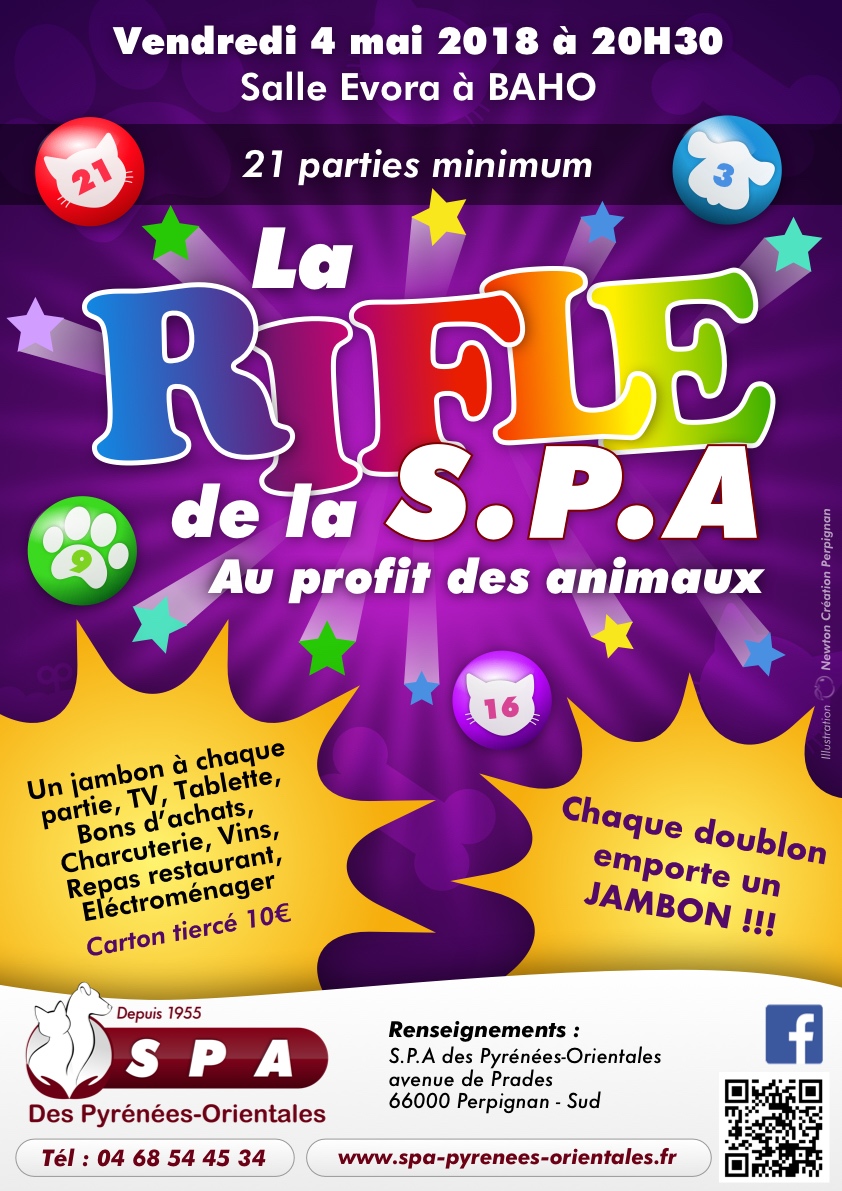 Affiche de la rifle de la S.P.A des Pyrénées-Orientales du 4 mai 2018 à Baho
