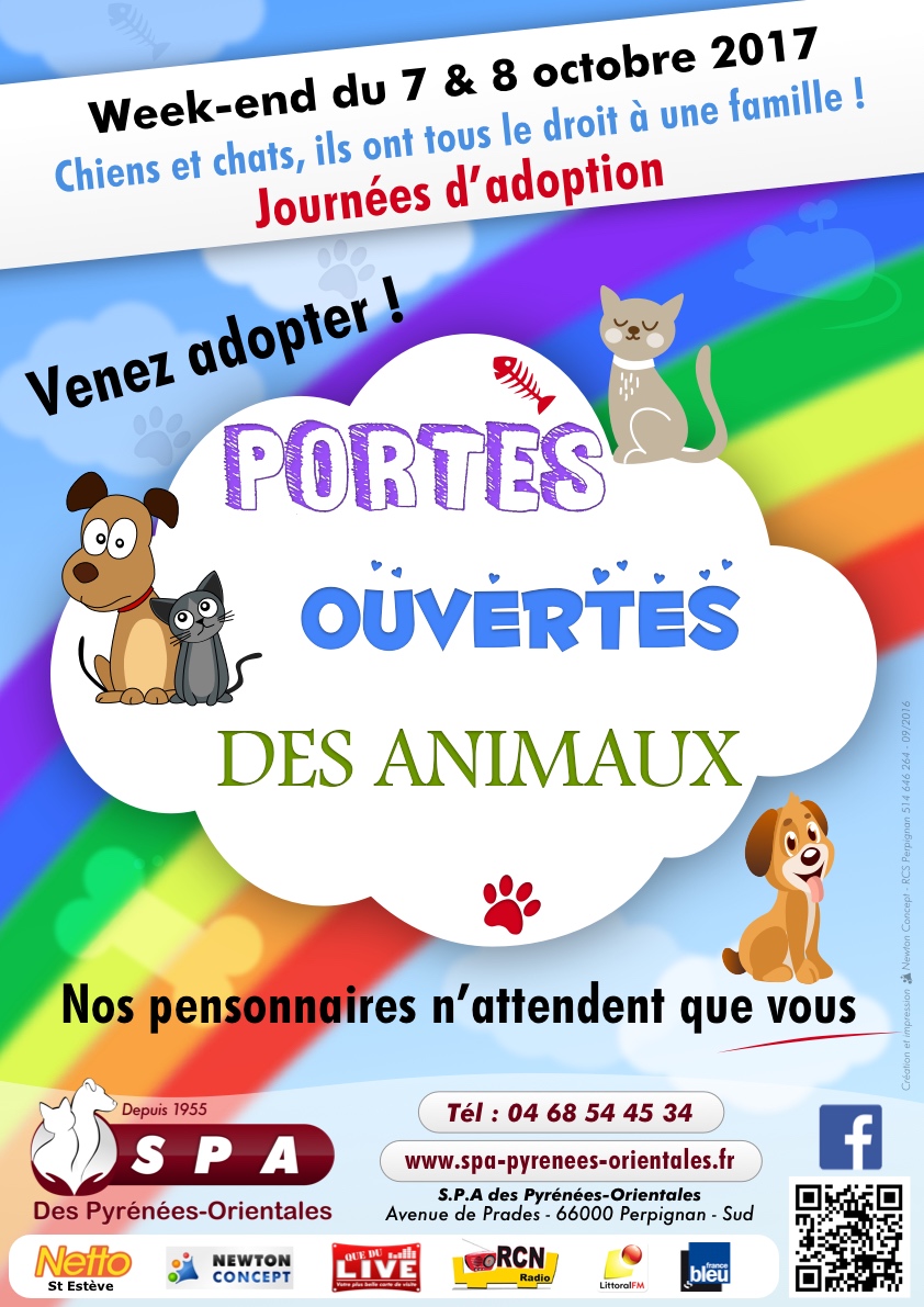 Affiche des Journées portes ouvertes de la S.P.A des Pyrénées-Orientales des 07 et 08 octobre 2017 - Avenue de Prades à Perpignan